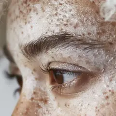 Zbliżenie na twarz z widocznymi plamami depigmentacyjnymi. Czy to vitiligo? Skóra jest pokryta nieregularnymi białymi i brązowymi przebarwieniami.