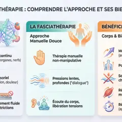 Infographie expliquant la fasciathérapie : son approche manuelle douce, le rôle du fascia comme réseau 3D et organe sensoriel, et ses bénéfices clés pour le corps et le bien-être.
