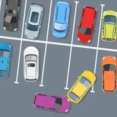 Bunte Autos auf einem Parkplatz. Ein gelbes Auto biegt von der Parkplatz Ausfahrt ab, Vorfahrt beachten.