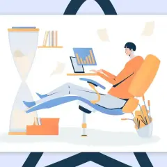 Mężczyzna pracuje przy biurku, obok klepsydra symbolizująca czas. Zastanawia się, ile godzin pracy to pełny etat nauczyciela.