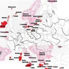 Mapa Europy z zaznaczonymi na czerwono i różowo obszarami wulkanicznymi i nazwami miejsc.