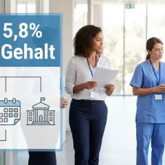 TV-L: 5,8% mehr Gehalt. Drei Personen besprechen die Ergebnisse der Verhandlungen, die zu mehr Gehalt führen.
