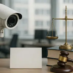 Une caméra de surveillance, une balance de la justice et un maillet de juge sur des livres. La question se pose : doit on déclarer une caméra de surveillance ?