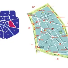 Mapa Paryża z zaznaczonymi dzielnicami, jedna z nich jest wyróżniona na czerwono.