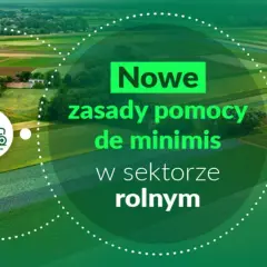 Nowe zasady pomocy de minimis w rolnictwie. Widok z lotu ptaka na pola uprawne z ikonami traktora i roślin.