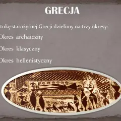 Grafika przedstawia podział sztuki starożytnej Grecji na okresy: archaiczny, klasyczny i hellenistyczny. Widoczny fragment zdobienia nawiązuje do cech rzeźby antycznej.