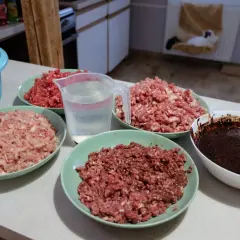 Przygotowania do zdrowej diety BARF dla kota: mielone mięso w miseczkach, dzbanek z wodą i ciemna masa.