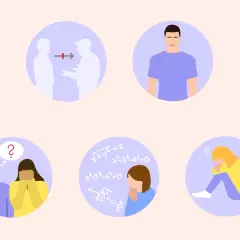 Illustrationen, die Herausforderungen im sozialen Umgang, Einsamkeit und mathematische Formeln zeigen, thematisieren das Asperger Syndrom bei Erwachsenen.