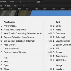 Menu z listą skrótów klawiszowych dla programów Pixelmator, Edycja i Plik na komputerach Mac i Windows.