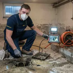 Klempner untersucht verstopften Kellerabfluss mit Kamera. Der Kellerabfluss stinkt und ist voller Haare und Schmutz.