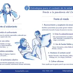 Ilustración de estrategias de salud mental ante la pandemia. Una persona con las manos en las orejas, frente al aislamiento. Otra persona lee un folleto a otra sentada, frente al miedo. Una terapia de choque para el bienestar.