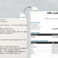 Un file .xml che mostra l'esportazione di snippet di codice, con un'icona di Excel che indica l'apertura del file.