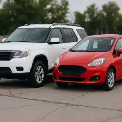 Biały SUV i czerwony hatchback, dwa auta klasy A, stoją obok siebie na pustym parkingu.