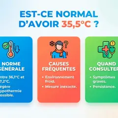 Infographie sur la température normale du corps. Elle explique les normes générales, les causes fréquentes d'une température basse (comme le froid) et quand consulter un médecin.