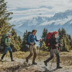 Cuatro personas con mochilas grandes caminan por un sendero montañoso. La diferencia entre senderismo y montañismo se ve en su equipo y el terreno.