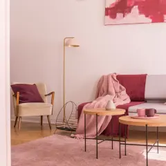 Przytulny salon z fotelem w kolorze ecru i amarantową poduszką. Na kanapie narzuta w tym samym amarantowym kolorze.