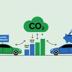 Zielony samochód firmowy z umową leasingową i niebieski samochód z skarbonką i kluczem, połączone z wykresem podatku CO2.