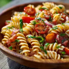 En härlig italiensk pastasallad med fusilli, körsbärstomater, rödlök och färska örter i en träskål. Perfekt för en sommarlunch!
