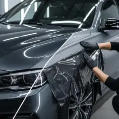 Un professionista applica una pellicola per cambiare colore auto, trasformando la carrozzeria grigia.