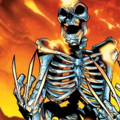 Un squelette wolverine aux griffes acérées émerge des flammes ardentes, prêt à l'attaque.