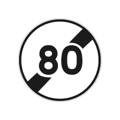 Panneau rond blanc avec bordure noire, barré de deux bandes noires diagonales. Le chiffre 80 est inscrit en noir. C'est la fin de limitation de vitesse.