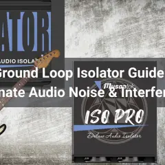 Guía de **bucle de tierra** para eliminar ruido e interferencias de audio. Dos guitarras flanquean un dispositivo "ISO PRO".
