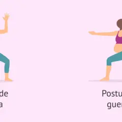 Dos posturas de yoga para embarazo tercer trimestre: Postura de la diosa y Postura del guerrero.