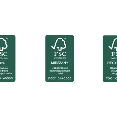 Trzy zielone etykiety FSC: 100% z lasów, mieszane z odpowiedzialnych źródeł i recykling.