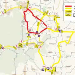 Mapa z trasą wyścigu kolarskiego i objazdami. Nowa osuchowa dojazd zaznaczona żółtą linią, z numerowanymi punktami i tabliczkami "Objazd".