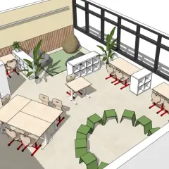 Ein helles Klassenzimmer im Churer Modell mit flexiblen Sitzgelegenheiten, Tischen und Regalen.