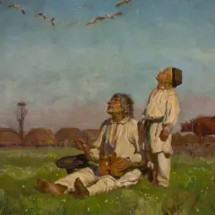 Dwaj chłopi patrzą w niebo, gdzie lecą ptaki. Scena oddaje realizm w pozytywizmie, ukazując prostotę wiejskiego życia.