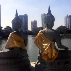 Dwie posągi Buddy z widokiem na nowoczesną panoramę stolicy Sri Lanki.