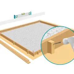 Ein Hammer befestigt die **Betonieren Schalung**. Eine Wasserwaage sorgt für den richtigen Winkel.