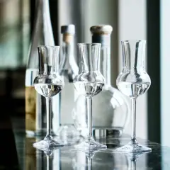 Trzy kieliszki z przezroczystym płynem, idealne do degustacji grappy. Co to jest grappa? To włoski destylat z wytłoków winogron.