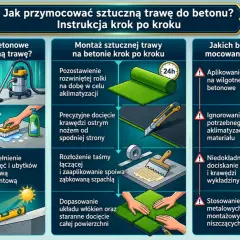 Instrukcja montażu sztucznej trawy na betonie: przygotowanie podłoża, aklimatyzacja, docinanie, klejenie i unikanie błędów.