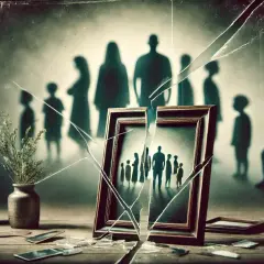 Ombre di figli adulti di famiglie disfunzionali, un quadro rotto e una casa in miniatura simboleggiano un passato frammentato.