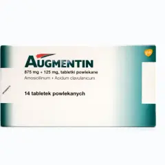 Opakowanie leku Augmentin zawierające 14 tabletek powlekanych. Jest to antybiotyk z amoksycyliną, stosowany w leczeniu infekcji bakteryjnych.