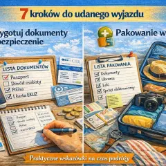 Jak zaplanować podróż? Na lewo lista dokumentów i ubezpieczenie, na prawo pakowanie walizki. Praktyczne wskazówki na wyjazd.