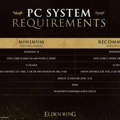 Tableau des configurations PC minimales et recommandées pour Elden Ring : processeur, RAM, carte graphique, DirectX, stockage et carte son.