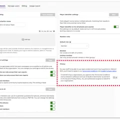 Einstellungen für den Kahoot! Datenschutz: Hier werden die Datenschutzrichtlinien und Nutzungsbedingungen für die Organisation festgelegt.