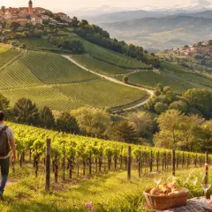 Coppia mano nella mano tra i vigneti, con borghi collinari sullo sfondo. Un invito a scoprire dove andare nelle Langhe per un'esperienza indimenticabile.