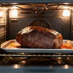 Gros rôti de bœuf doré sur une plaque, cuisant dans un four chaud. Le temps de cuisson rôti de bœuf au four est presque terminé.