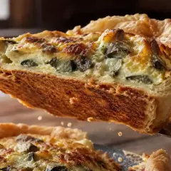 Une part de quiche aux courgettes, dorée et croustillante, est soulevée du plat. La cuisson quiche au four a donné un résultat parfait.