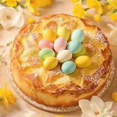 Gâteau de Pâques italien orné d'œufs durs colorés, entouré de jonquilles printanières.