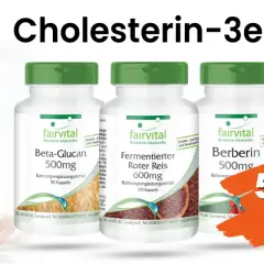 Cholesterin-3er Set mit Beta-Glucan 500mg, Roter Reis 600mg & Berberin 500mg. Die Beta-Glucan Wirkung unterstützt die Cholesterinregulierung. Made in Germany.