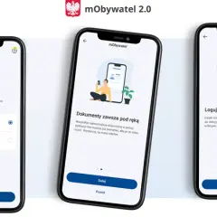 Ekran powitalny aplikacji mObywatel: wybór języka, dokumenty pod ręką i logowanie na nowym telefonie.