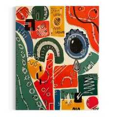Vibrant symbolist art with abstract shapes, text like "GROWTH," and a central eye-like form.