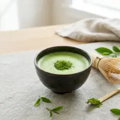 Zielona, spieniona matcha w miseczce, obok bambusowa miotełka i łyżeczka z proszkiem. To idealny sposób, by dowiedzieć się, co to matcha.