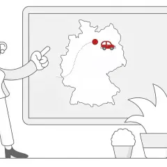 Zastanawiasz się nad homologacją swojego pojazdu? Mapa Niemiec z zaznaczoną trasą i czerwonym samochodem sugeruje podróż i formalności.