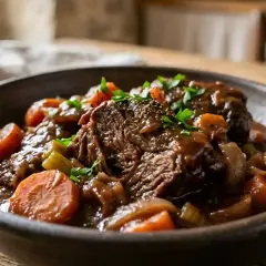 Un plat réconfortant de daube de boeuf mijotée avec des carottes et du céleri, garni de persil frais.